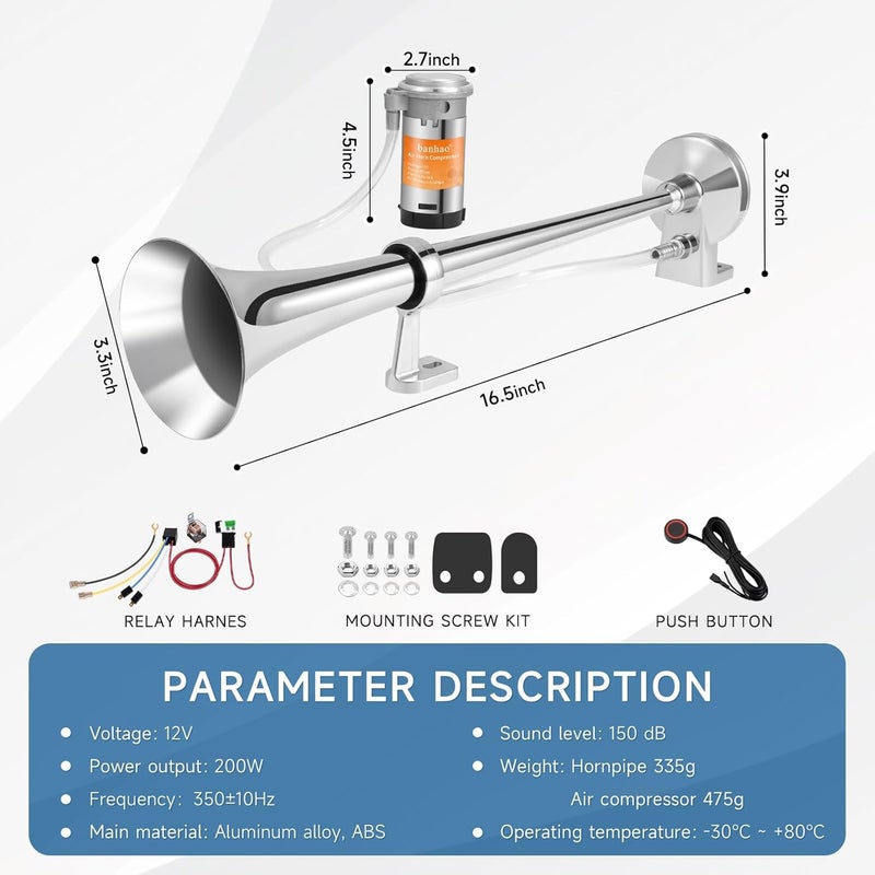 banhao 12V 150db Air Horn, Chrome Zinc Single Trumpet Truck Air Horn with Compressor for Any 12V Vehicles Trucks Lorrys Trains Boats Cars(Chrome horn with button) - Image 3